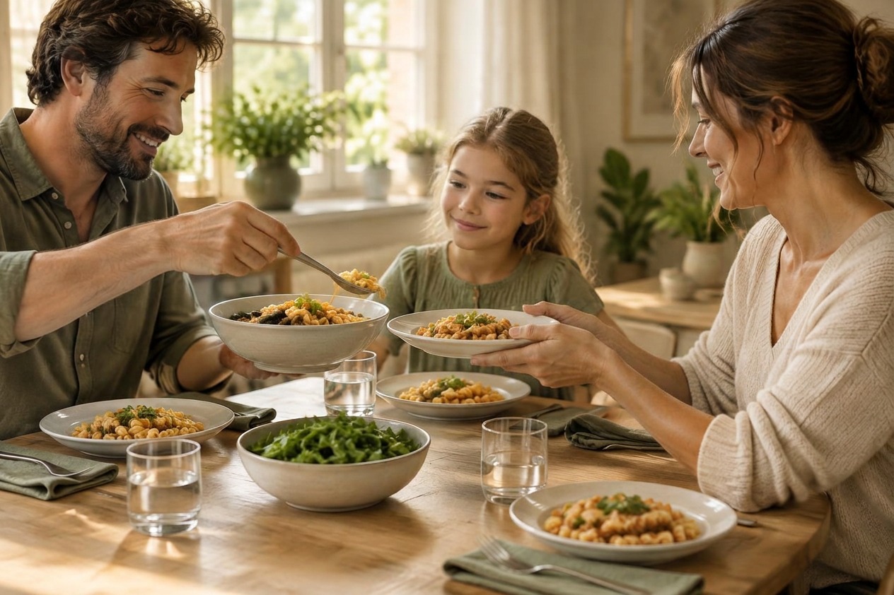 A family sharing a relaxed meal together